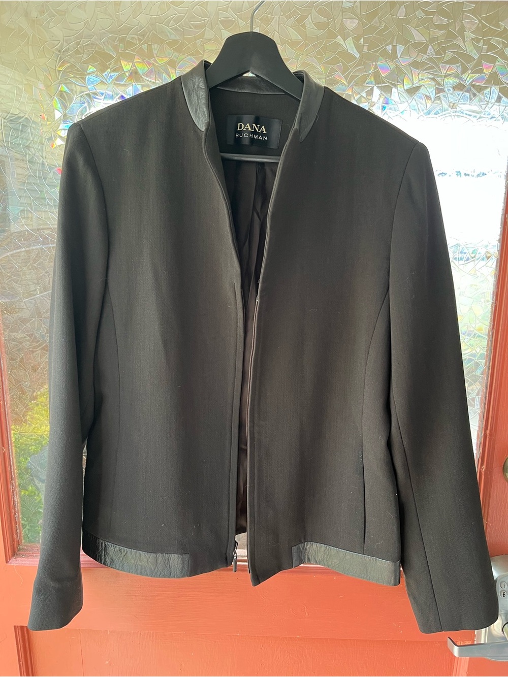 Dana Buchman Black Collarless Zip Jacket with Leather Trim